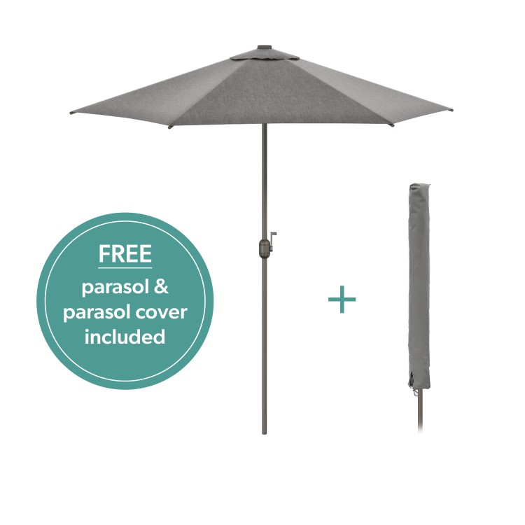 6 Seater Grey Metal Stackable Garden Dining Set with Free Parasol and Base - Fortrose