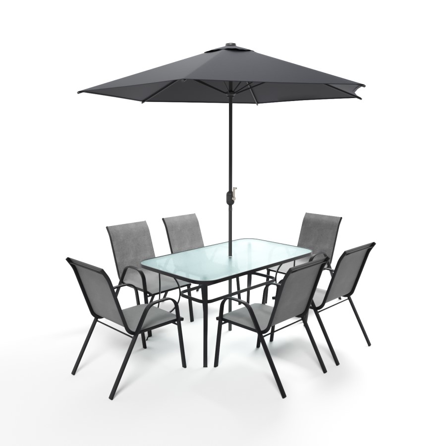 GRADE A1 - 6 Seater Grey Metal Stackable Garden Dining Set with Free Parasol and Base - Fortrose
