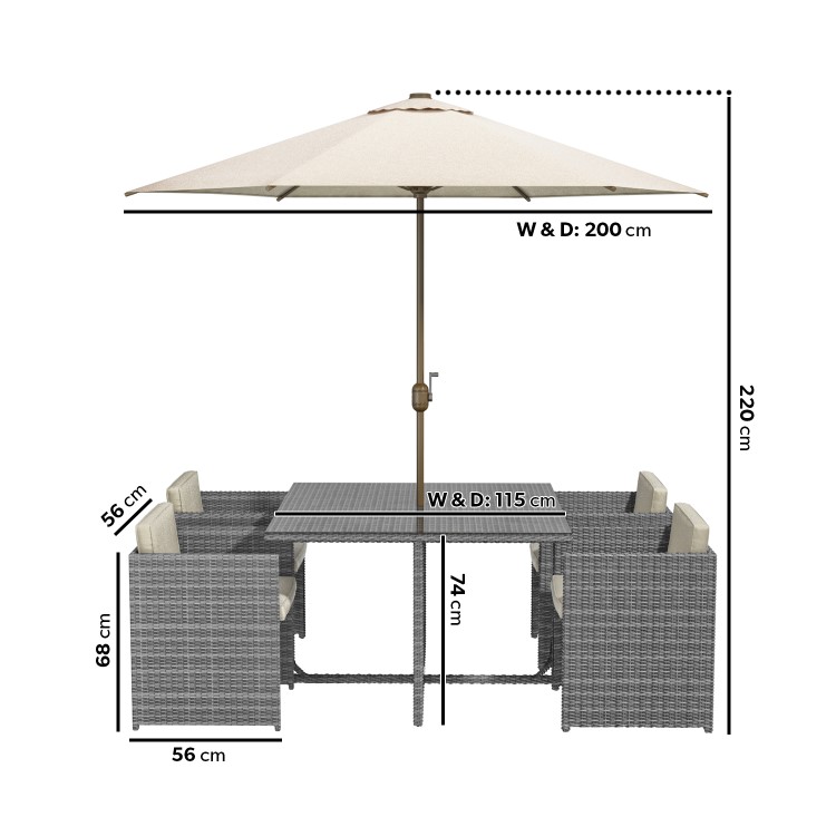 4 Seater Grey Rattan Cube Garden Dining Set - Parasol Included - Fortrose