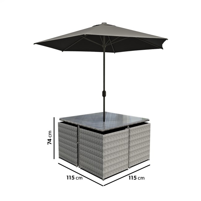 ONLY OPENED - Rattan 6 Piece Cube Garden Furniture Dining Set in Dark Grey - Parasol Included