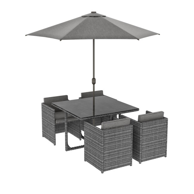 ONLY OPENED - Rattan 6 Piece Cube Garden Furniture Dining Set in Dark Grey - Parasol Included