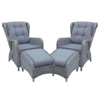 GRADE A1 - Pair of Brown Rattan Reclining Garden Garden Chair with Footstools - Aspen