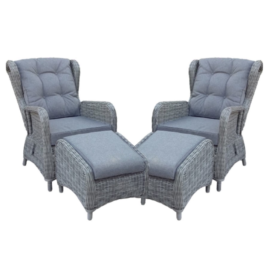 GRADE A1 - Pair of Brown Rattan Reclining Garden Garden Chair with Footstools - Aspen