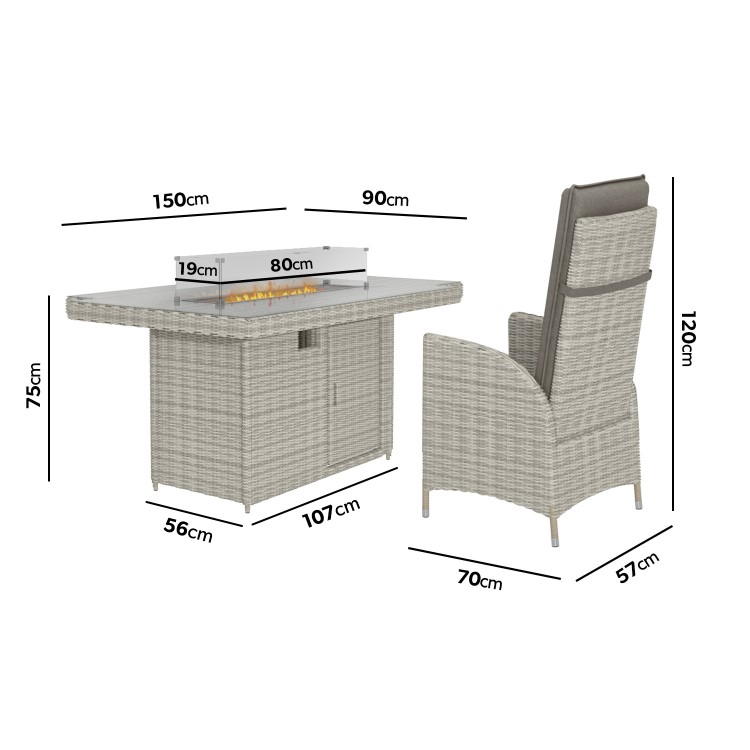 6 Seater Grey Rattan Reclining Garden Dining Set with Fire Pit Table - Aspen