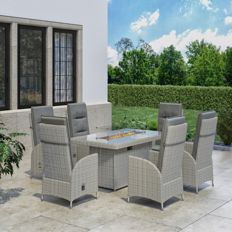 6 Seater Grey Rattan Reclining Garden Dining Set with Fire Pit Table - Aspen