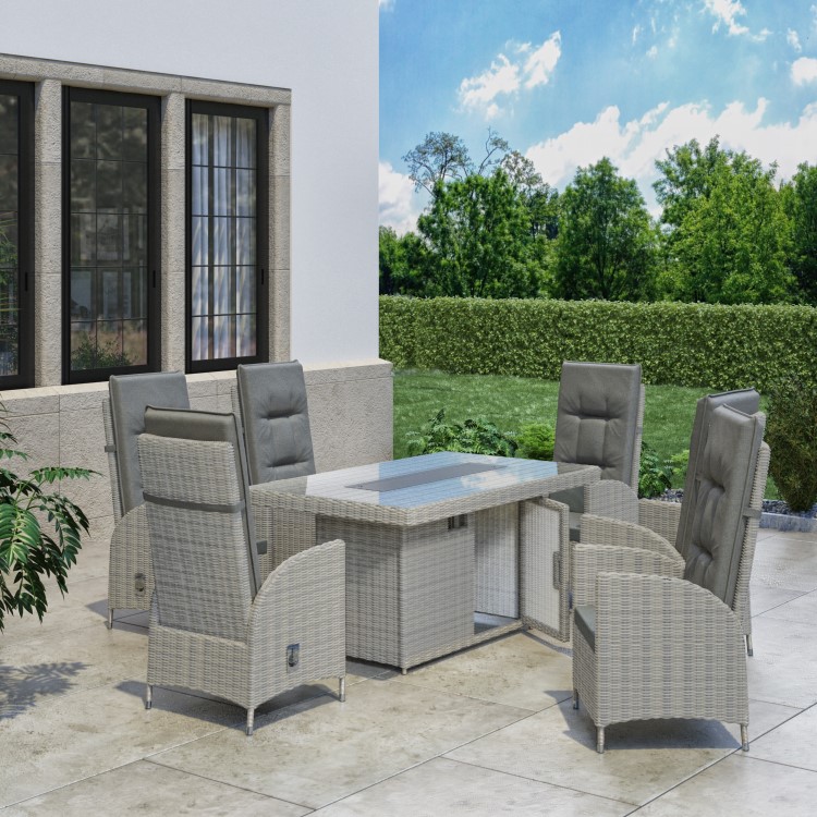 6 Seater Grey Rattan Reclining Garden Dining Set with Fire Pit Table - Aspen