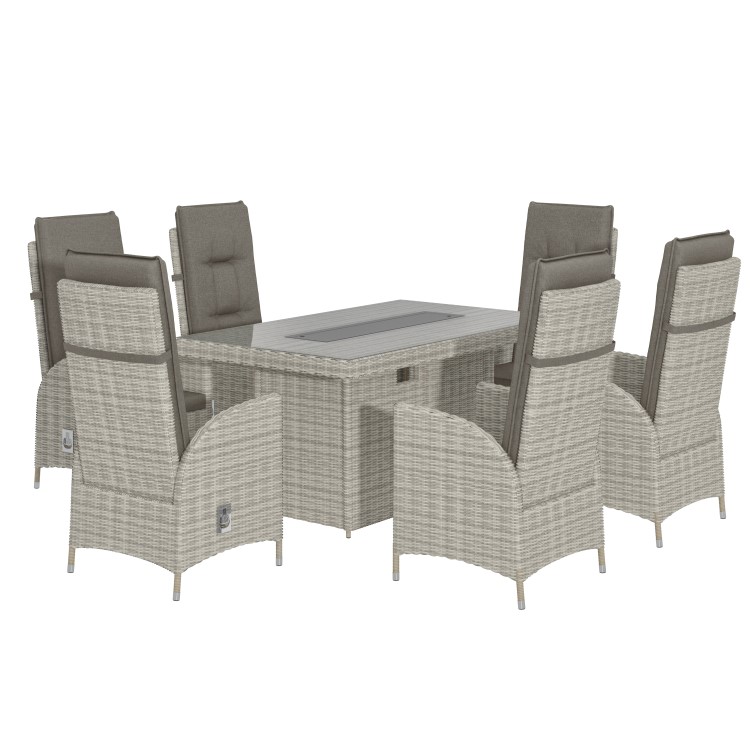 6 Seater Grey Rattan Reclining Garden Dining Set with Fire Pit Table - Aspen