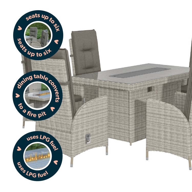 6 Seater Grey Rattan Reclining Garden Dining Set with Fire Pit Table - Aspen