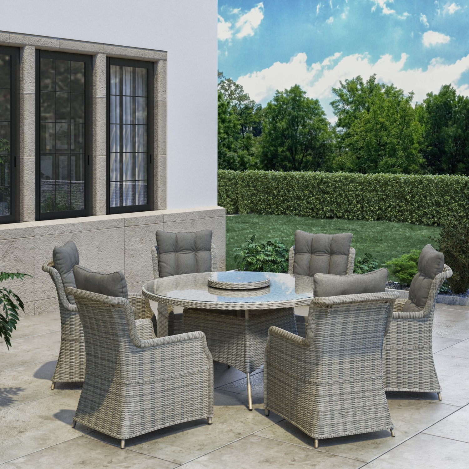 6 Seater Grey Round Rattan Garden Dining Set with Table and Chairs ...