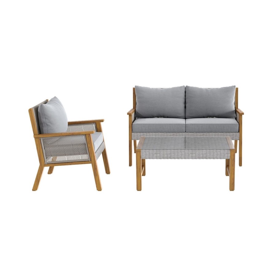 GRADE A1 - 3 Seater Grey Rattan Garden Sofa Set With Solid Wood Frame - Aspen