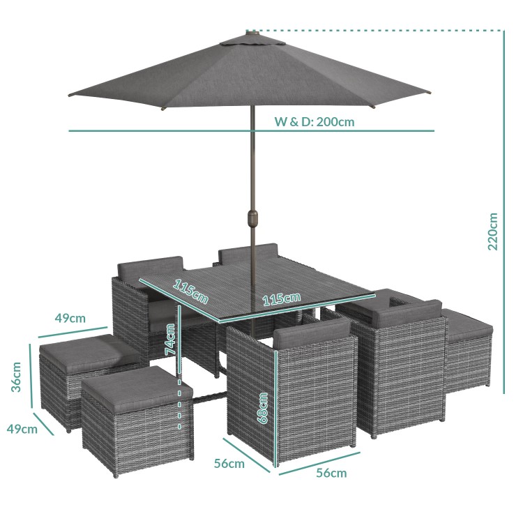 8 Seater Dark Grey Rattan Cube Garden Dining Set - Parasol Included - Fortrose