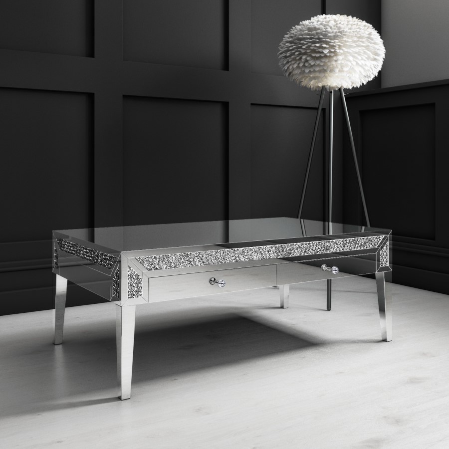 GRADE A2 - Mirrored Coffee Table with Drawers & Crystal Finish - Jade Boutique