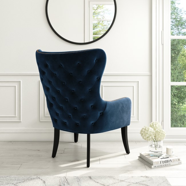 GRADE A2 - Navy Blue Velvet Armchair with Black Legs and Brass Studs - Jade Boutique
