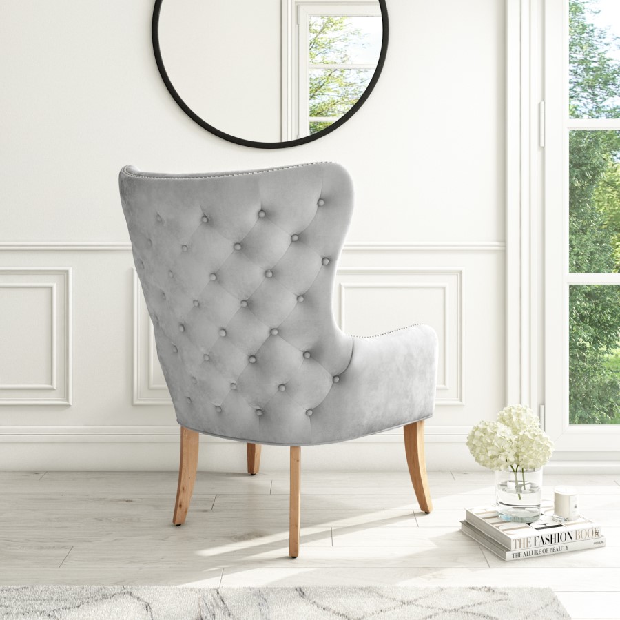 Wingback Armchair with Button Detail in Grey Velvet - Jade Boutique