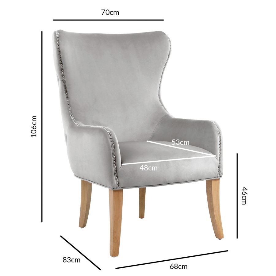 Wingback Armchair with Button Detail in Grey Velvet - Jade Boutique