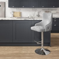 GRADE A2 - Adjustable Silver Grey Velvet Bar Stool with Chrome Swivel Base and Buttoned Back - Jade Boutique 