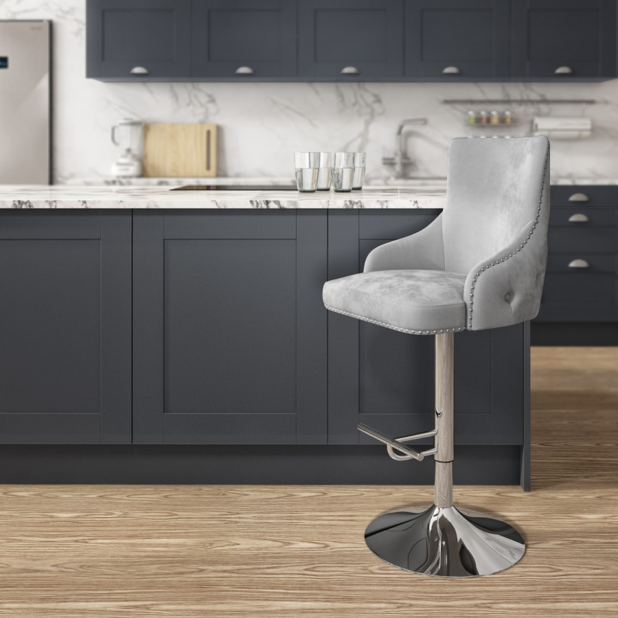 GRADE A2 - Adjustable Silver Grey Velvet Bar Stool with Chrome Swivel Base and Buttoned Back - Jade Boutique 