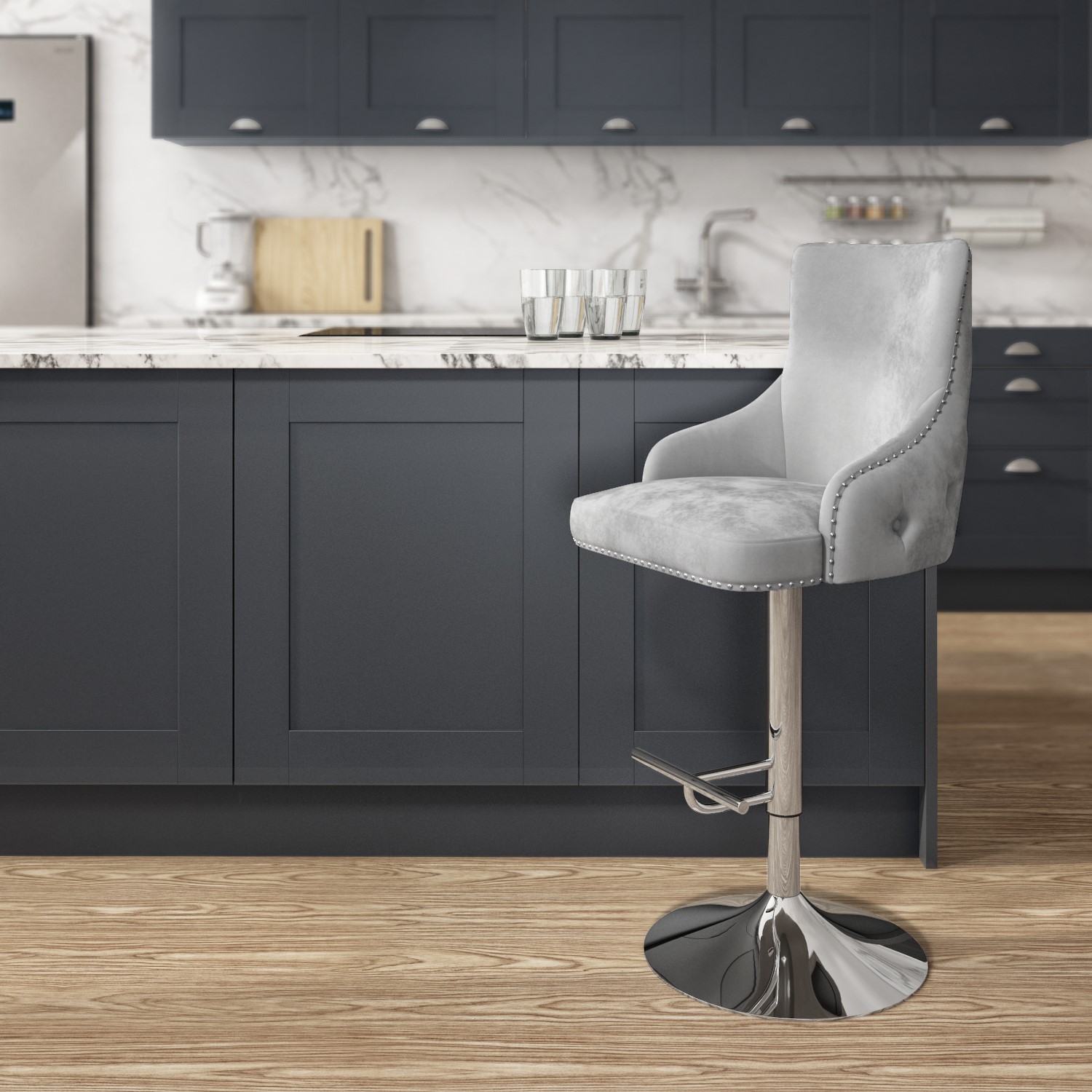 Light Grey Velvet Swivel Bar Stool - Height Adjustable - Jade Boutique ...