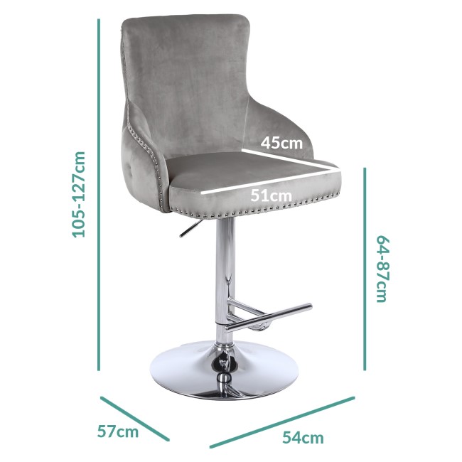 GRADE A2 - Adjustable Silver Grey Velvet Bar Stool with Chrome Swivel Base and Buttoned Back - Jade Boutique 