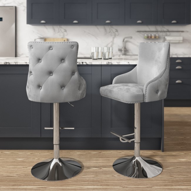 GRADE A2 - Adjustable Silver Grey Velvet Bar Stool with Chrome Swivel Base and Buttoned Back - Jade Boutique 