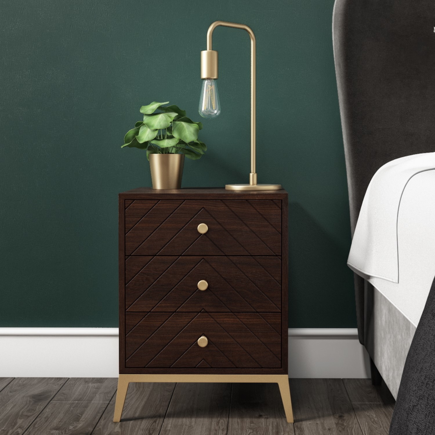 Photo of Mango wood chevron 3 drawer bedside table with legs - jude