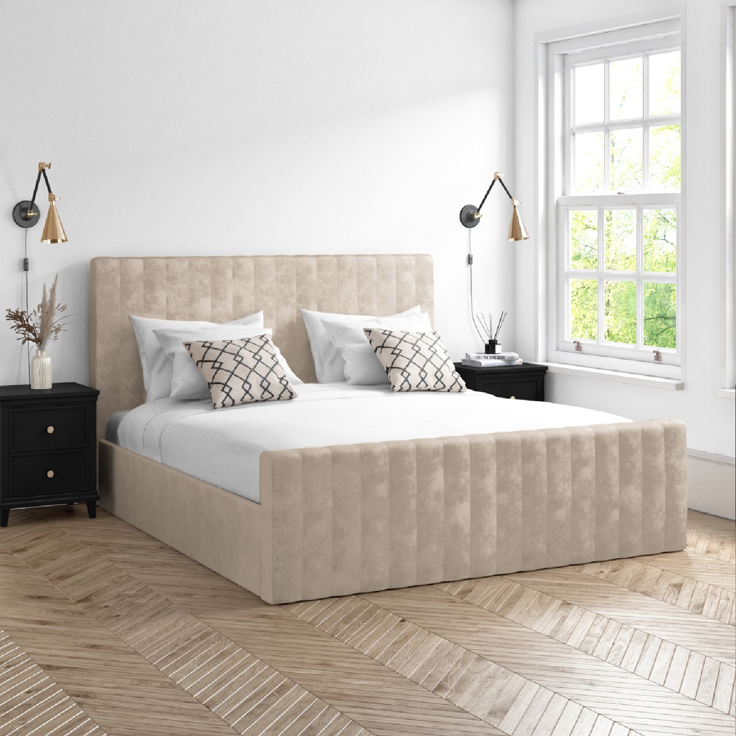 Super King Size SideOpening Ottoman Bed in Beige Velvet Khloe