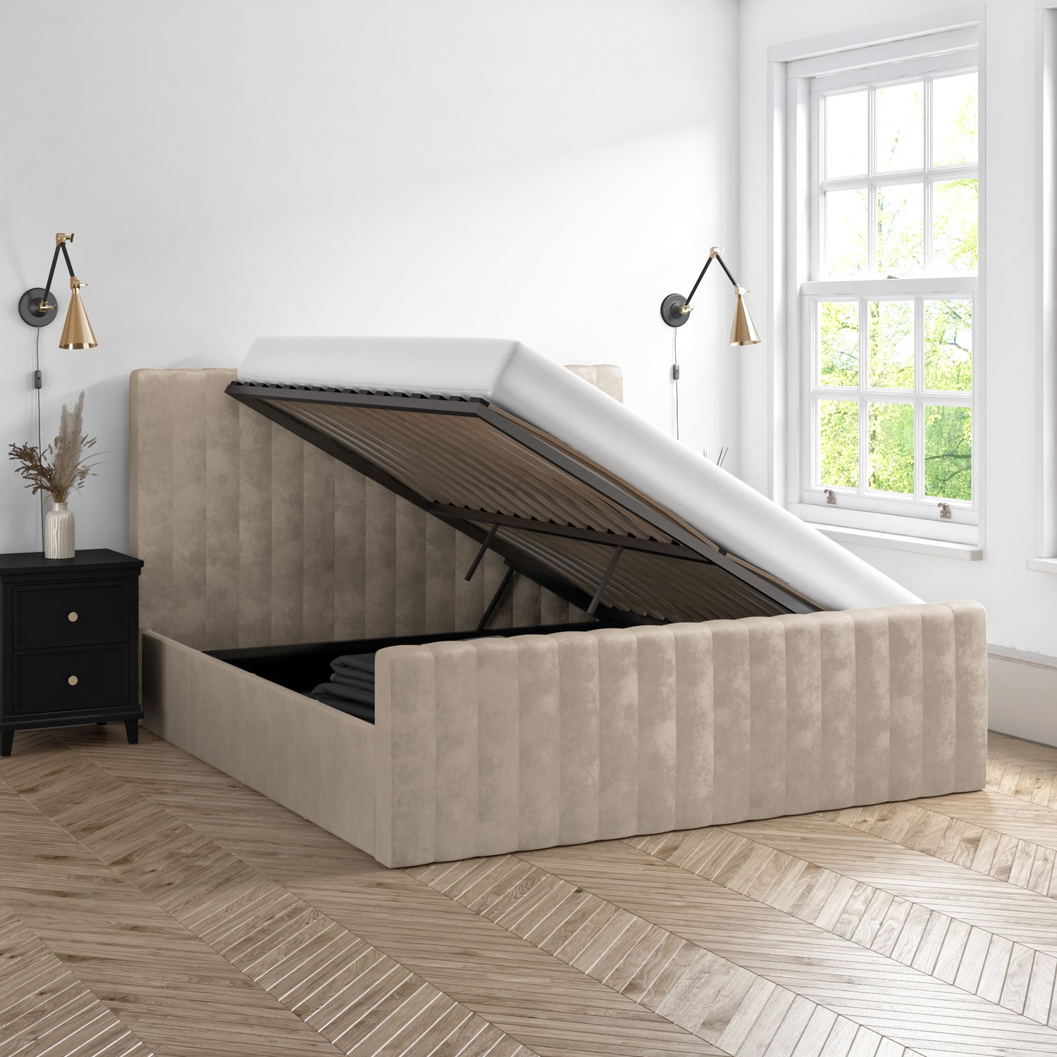 Super King Size SideOpening Ottoman Bed in Beige Velvet Khloe