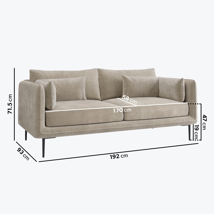 Beige Velvet 3 Seater Sofa with Square Arms - Lenny