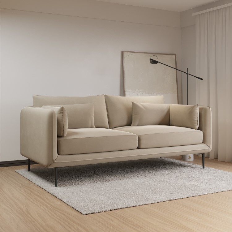 Beige Velvet 3 Seater Sofa with Square Arms - Lenny