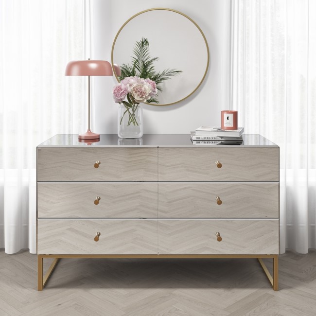 GRADE A1 - Lola Mirrored 6 Drawer Wide Chest of Drawers with Rose Gold Legs