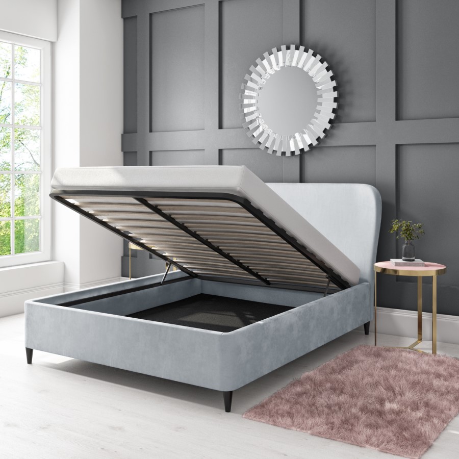 GRADE A1 - Margot Double Ottoman Bed with Curved Headboard in Silver Grey Velvet