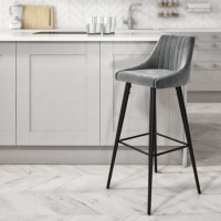 GRADE A1 - Macie Charcoal Grey Velvet Bar Stool with Black Legs