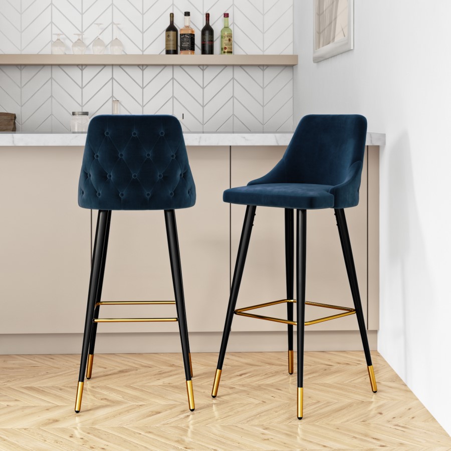 GRADE A1 - Navy Velvet Bar Stool with Back - 79cm - Maddy