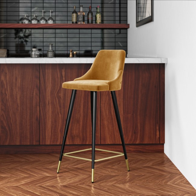 GRADE A1 - Yellow Velvet Bar Stool with Button Back & Black Legs - Maddy