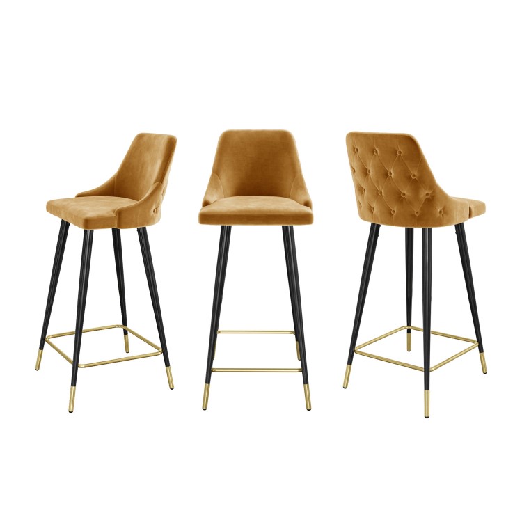 GRADE A1 - Yellow Velvet Bar Stool with Button Back & Black Legs - Maddy