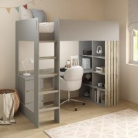 ONLY OPENED - High Sleeper Loft Bed with Desk and Storage in Grey and Oak - Nelly