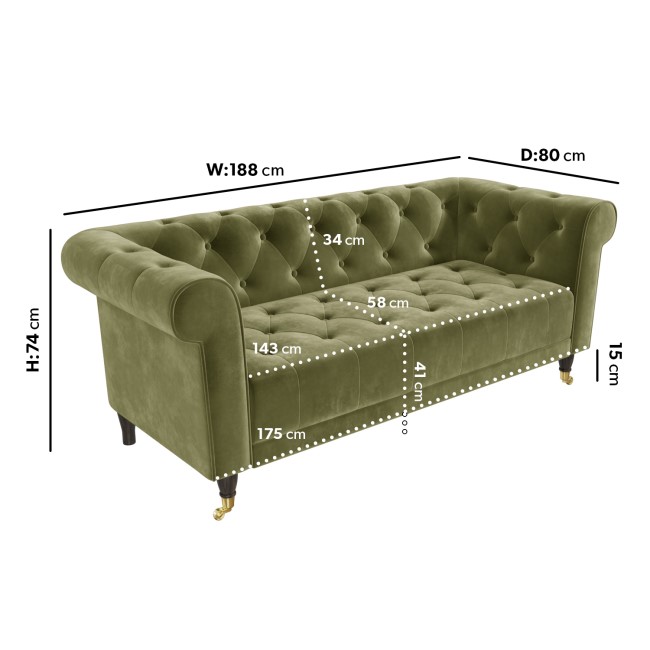 ONLY OPENED - Olive Velvet 3 Seater Chesterfield Sofa - Ophelia