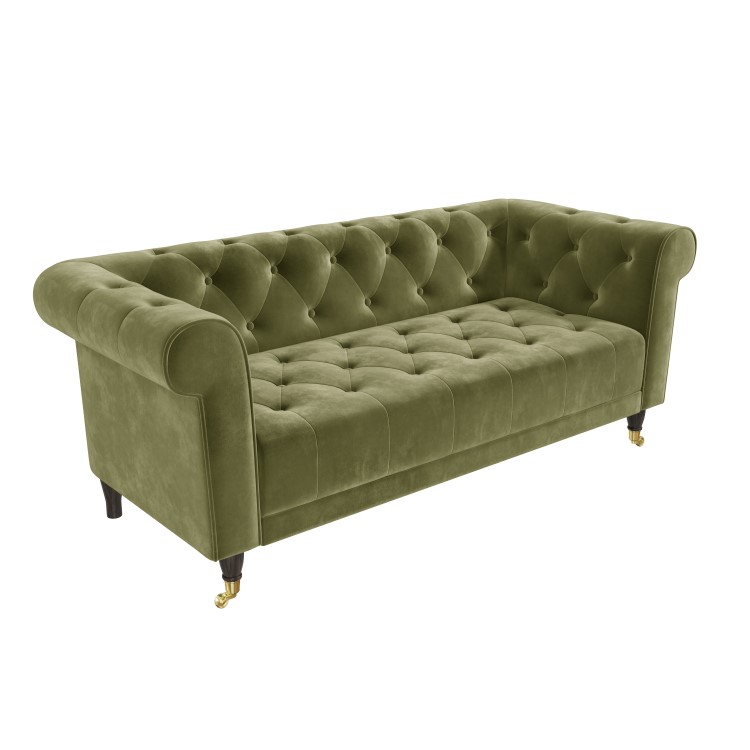 Olive Green Velvet Chesterfield 3 Seater Sofa - Ophelia