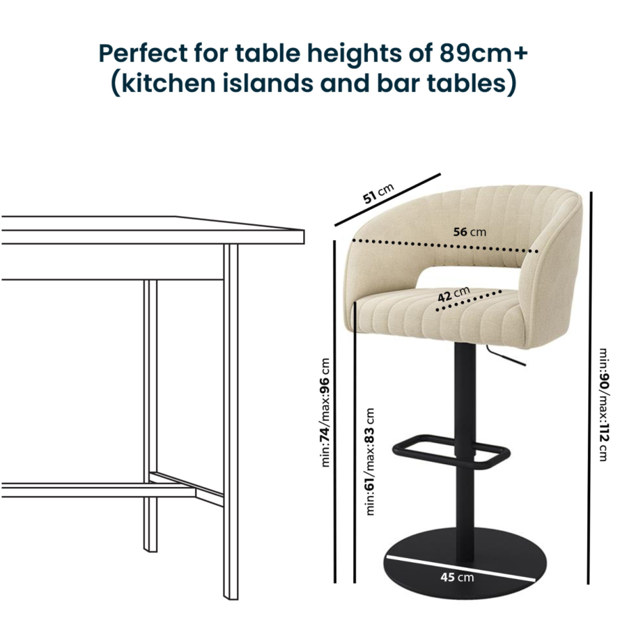 ONLY OPENED - Curved Beige Fabric Adjustable Swivel Bar Stool with Black Base - Runa
