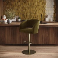 ONLY OPENED - Curved Olive Green Velvet Adjustable Swivel Bar Stool with Brass Base - Runa