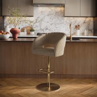 ONLY OPENED - Curved Beige Faux Leather Adjustable Swivel Bar Stool with Gold Base - Runa