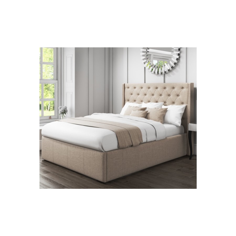 GRADE A2 - Safina King Size Wing Back Ottoman Bed with Stud Detailing in Woven Beige  