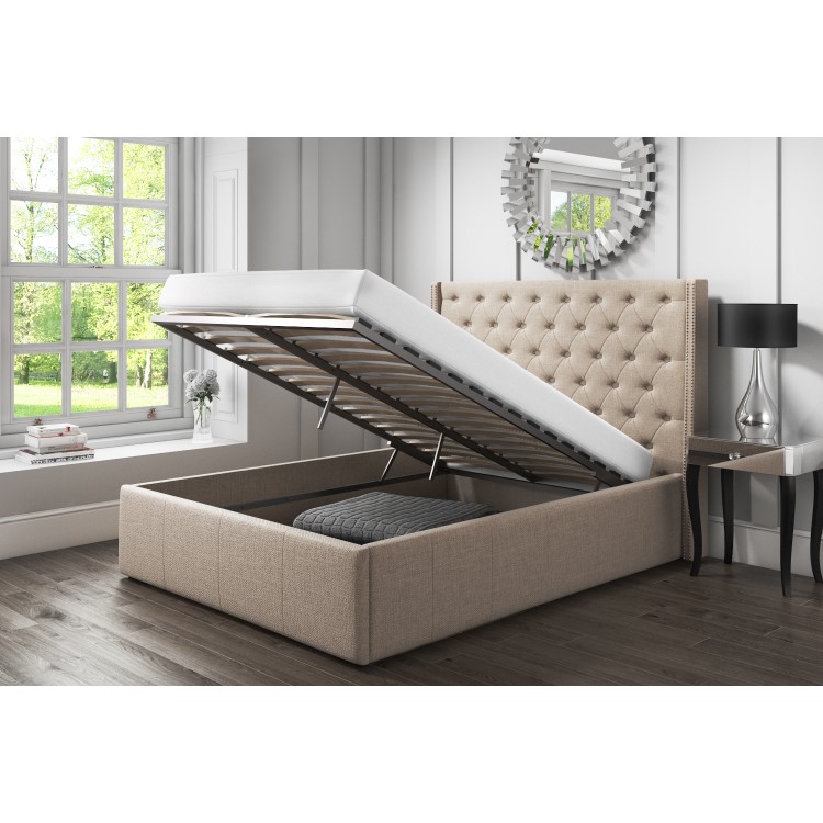 Safina King Size Wing Back Ottoman Bed with Stud Detailing in Woven Beige  