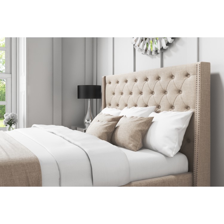 Safina King Size Wing Back Ottoman Bed with Stud Detailing in Woven Beige  