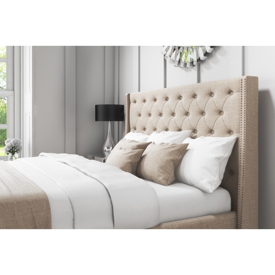 GRADE A2 - Safina King Size Wing Back Ottoman Bed with Stud Detailing in Woven Beige  