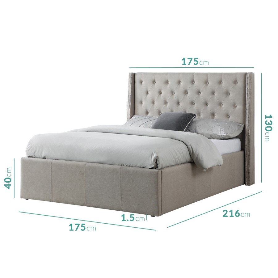GRADE A2 - Safina King Size Wing Back Ottoman Bed with Stud Detailing in Woven Beige  