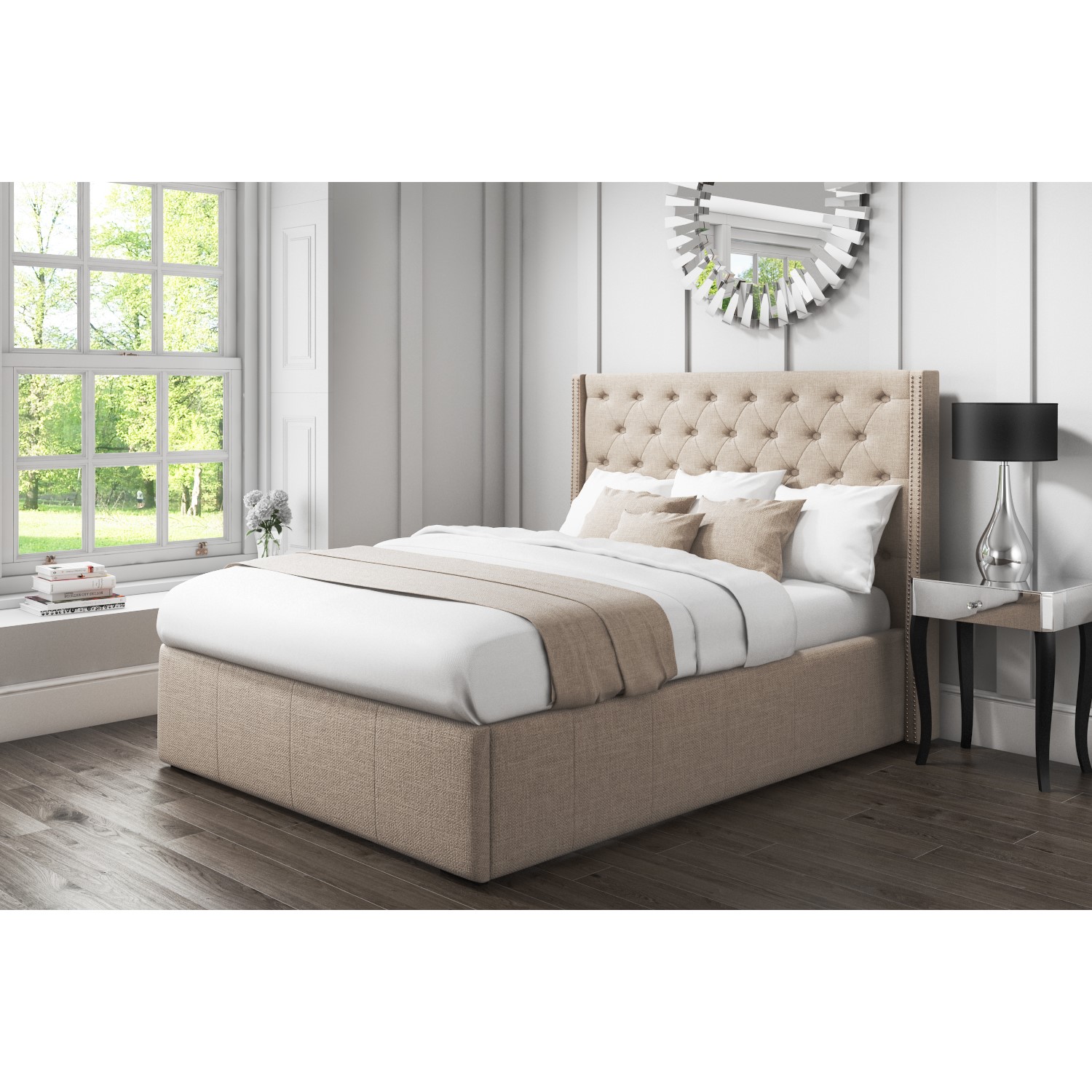 Safina King Size Ottoman Bed with Stud Detailing in Beige 