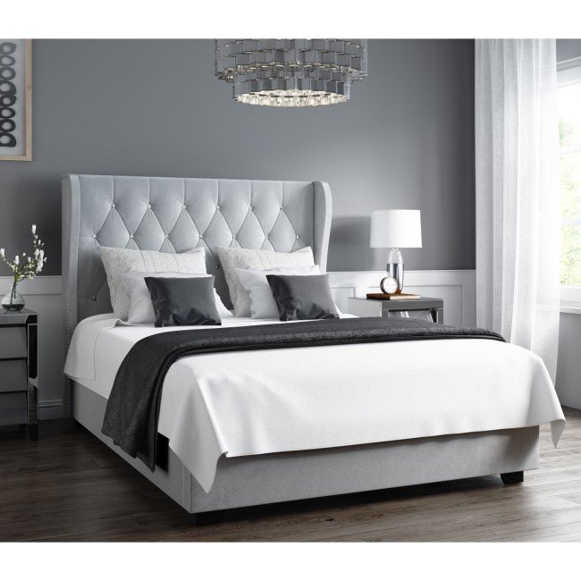 GRADE A2 - Safina Diamante Wing Back King Size Ottoman Bed in Grey Velvet