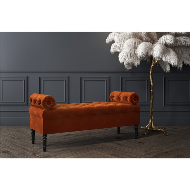 GRADE A2 - Safina Ottoman Storage Bench in Burnt Orange Velvet with Bolster Cushions