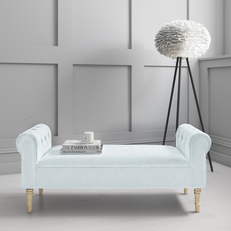 GRADE A1 - Safina Duck Egg Blue Velvet Bench with Quilted Arm Rest